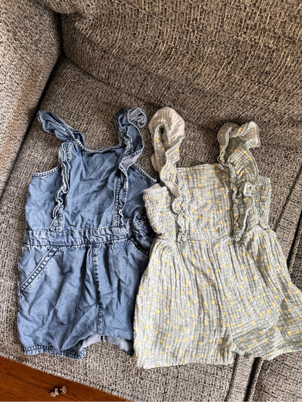 Toddler Romper Shorts in Light Blue and Gray with Yellow Dots